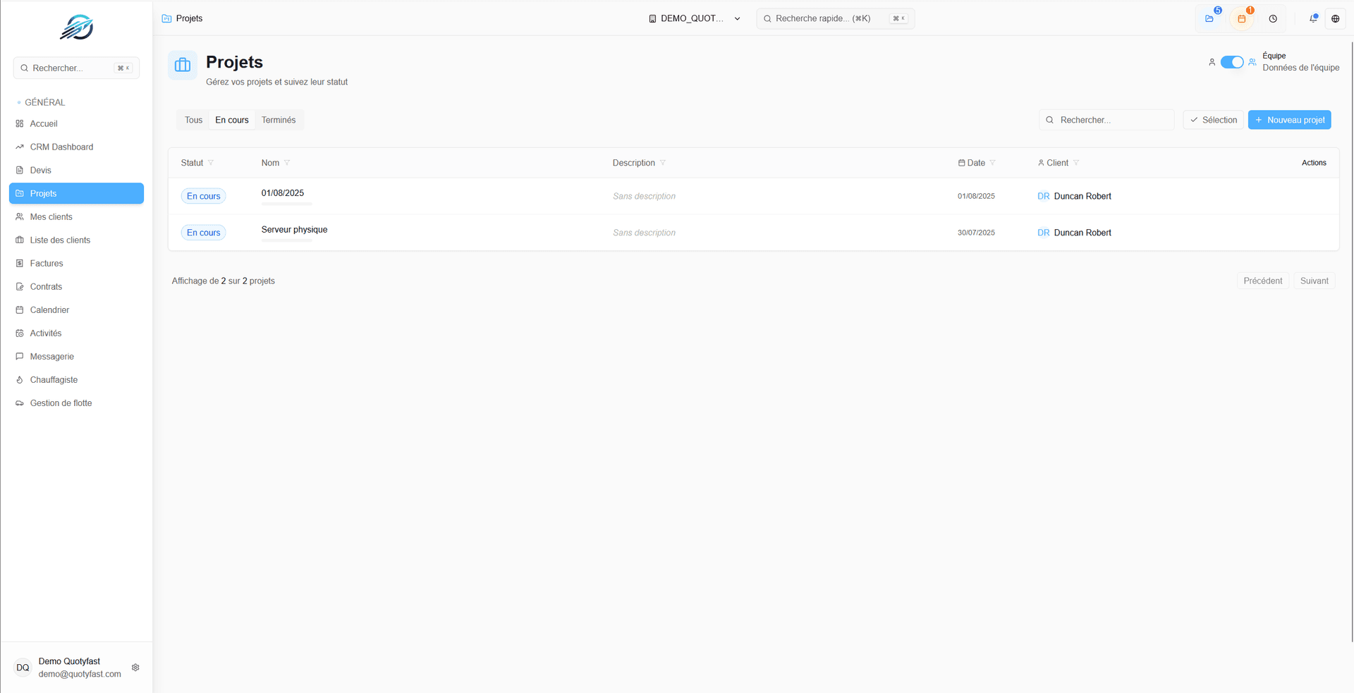 Interface de gestion de projets QuotyFast