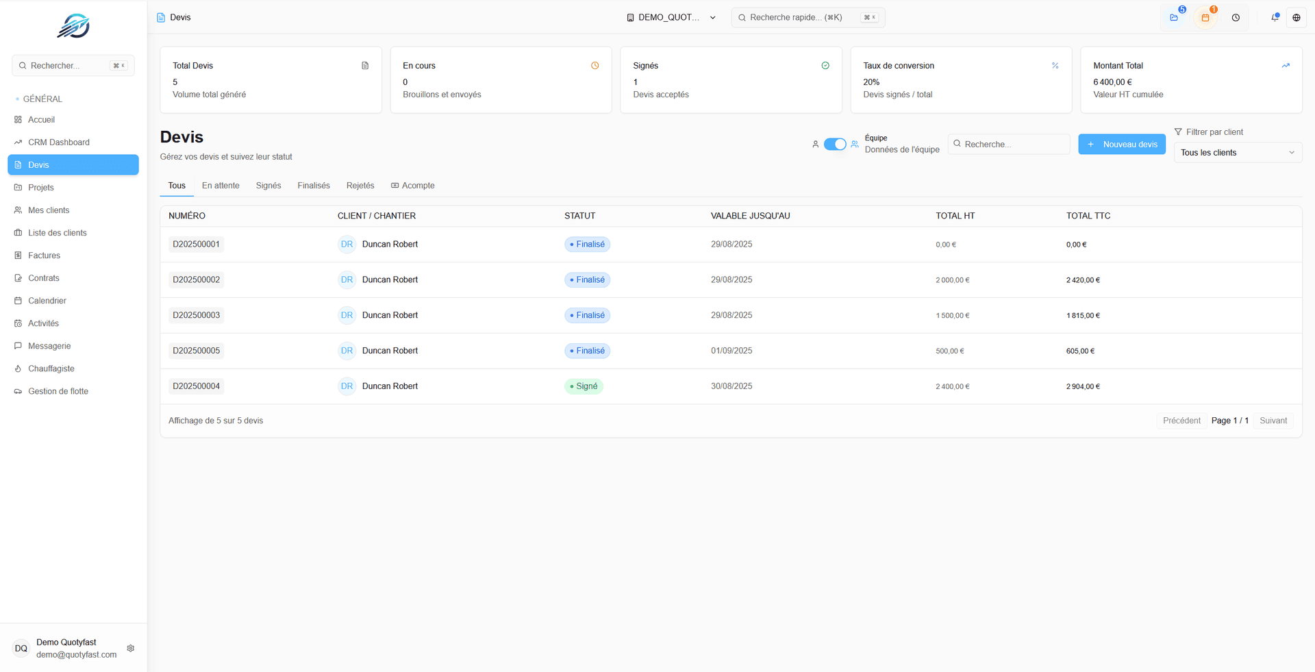 Interface de création de devis QuotyFast