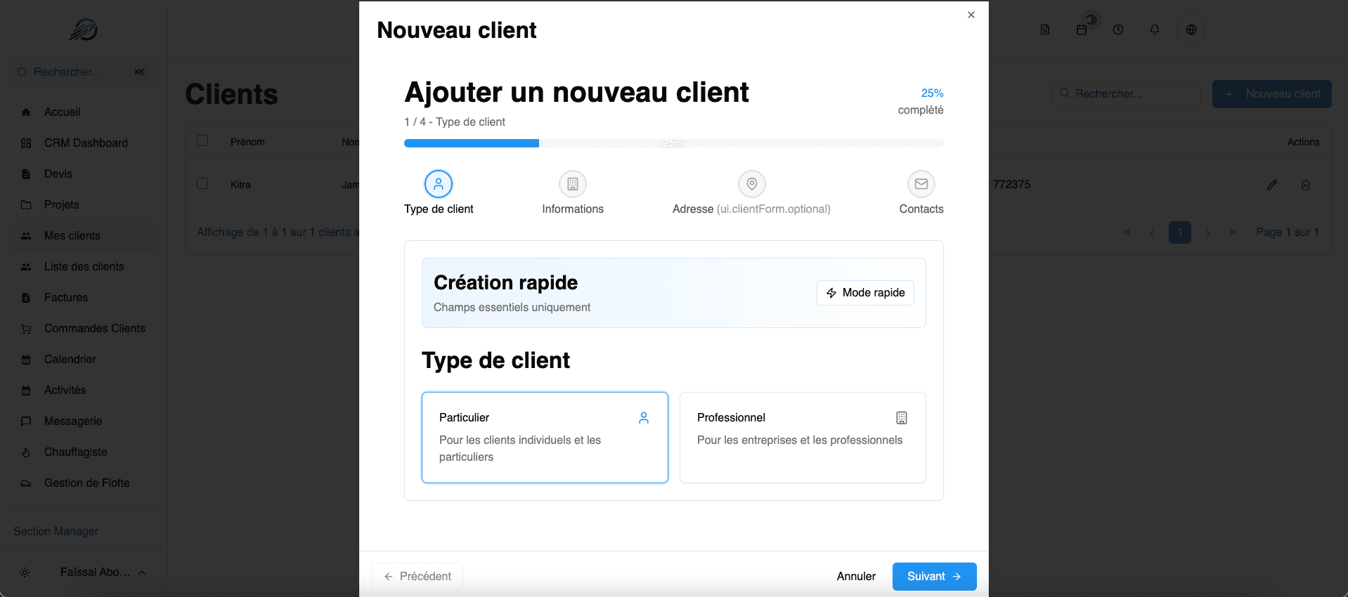 Interface de gestion clients QuotyFast